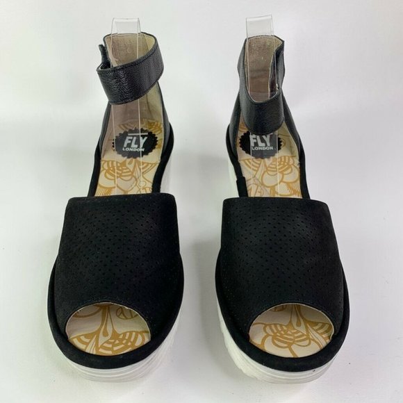 FLY London Black Wedge Ankle Strap Sandals - Picture 3 of 8